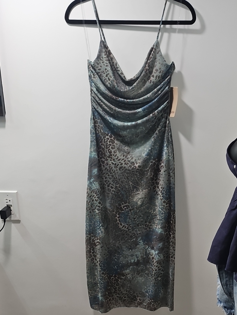 NWT Persaya Mesh Cowl Neck Slip Dress in Teal Brown Leopard Print Sz Med